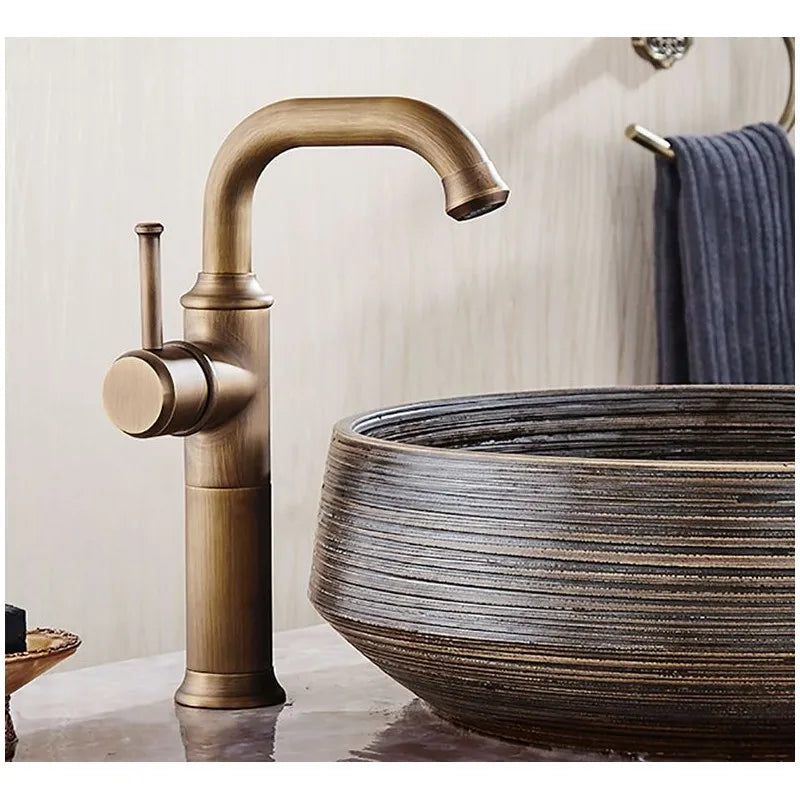 Afralia™ Antique Brass Bathroom Faucet Single Handle Deck Mount Hot Cold Mixer