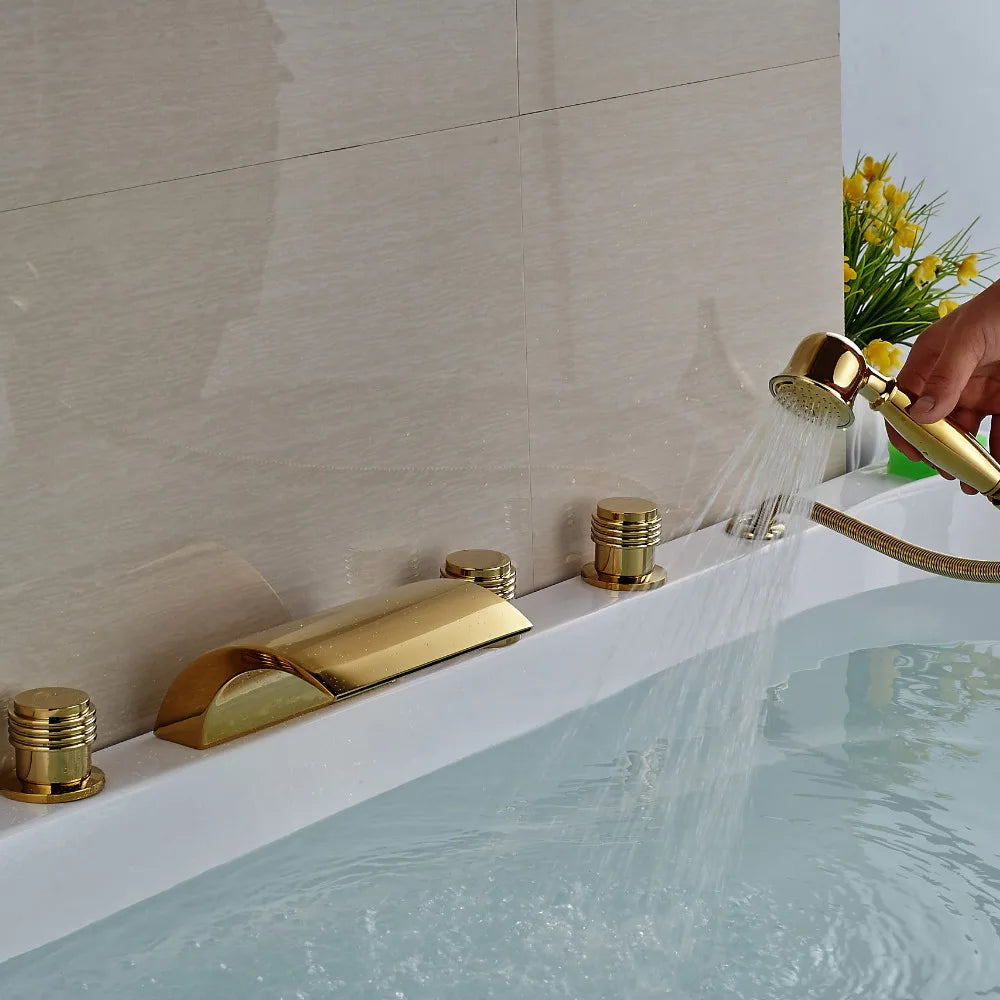Afralia™ Golden Widespread Brass Bathtub Faucet with Handheld Shower