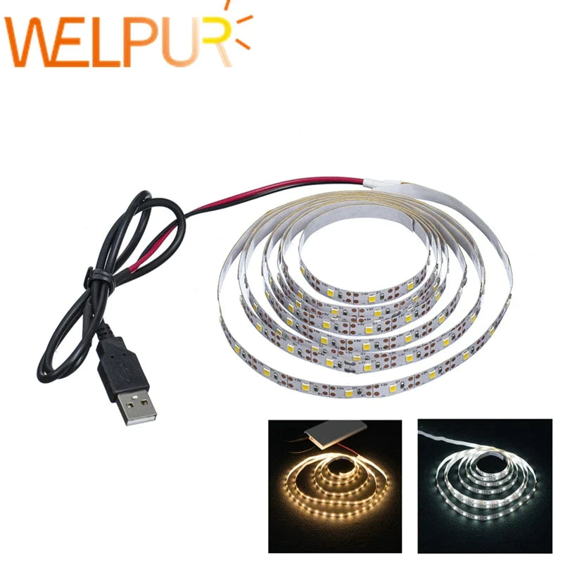 Afralia™ 2835 DC LED Light Strip USB 5V Flexible 50CM - 5M White/Warm TV Background Night Light