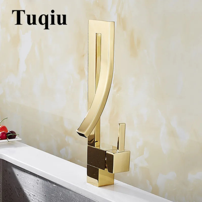 Afralia™ Gold Brass Square Basin Faucet Single Handle Hot Cold Mixer Water Tap