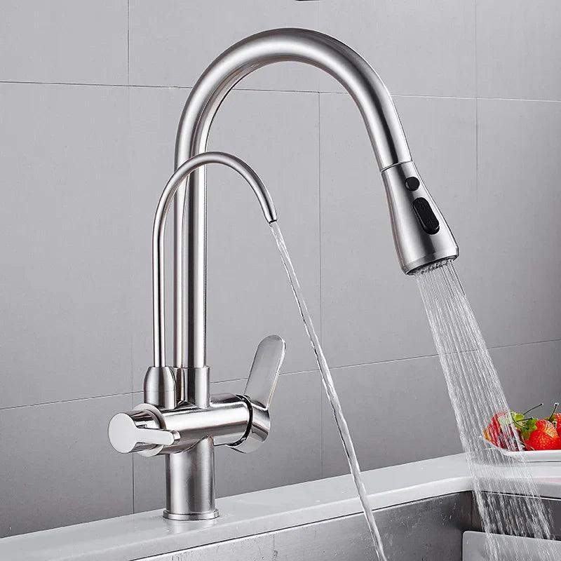 Afralia™ Black Solid Brass 3 Way Kitchen Faucet Deck Mounted Water Filter Tap