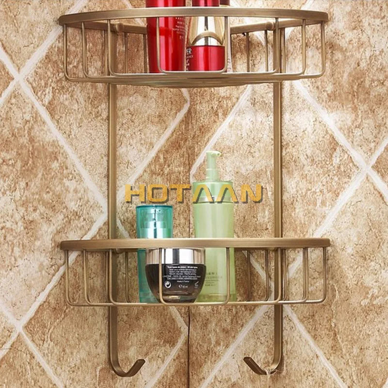 Afralia™ Brass Bathroom Shower Shelf Basket - Double Layer Antique Finish Holder