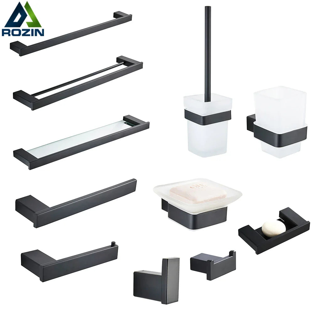 Afralia™ Matte Black Bathroom Hardware Set: Paper Holder, Towel Rail, Robe Hook, Toilet Brush Holder & Accessories