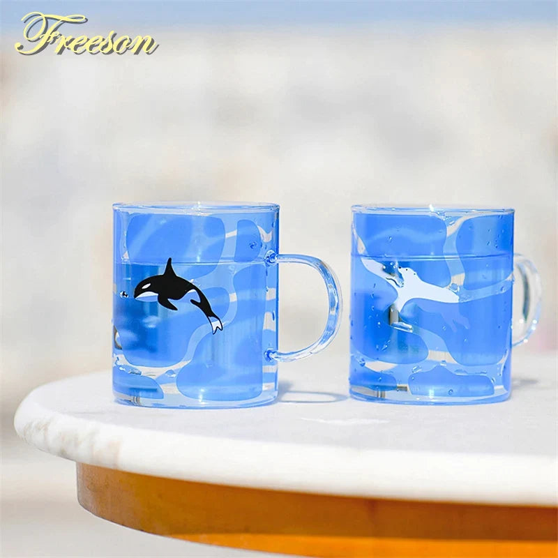 Afralia™ Killer Whale Glass Coffee Mug 350ml: Cute Polar Bear Tea Cup Heat Resistant Glass Beer Mug