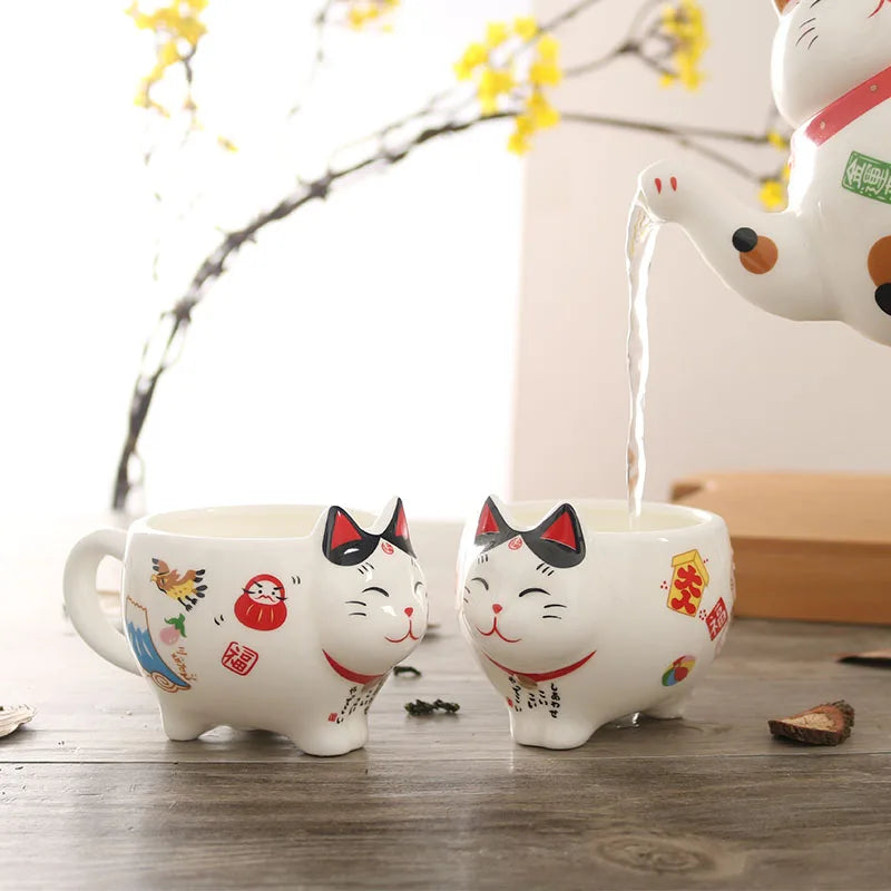 Afralia™ Lucky Cat Porcelain Tea Set: Maneki Neko Tea Cup Pot, Strainer, Plutus Cat Teapot Mug