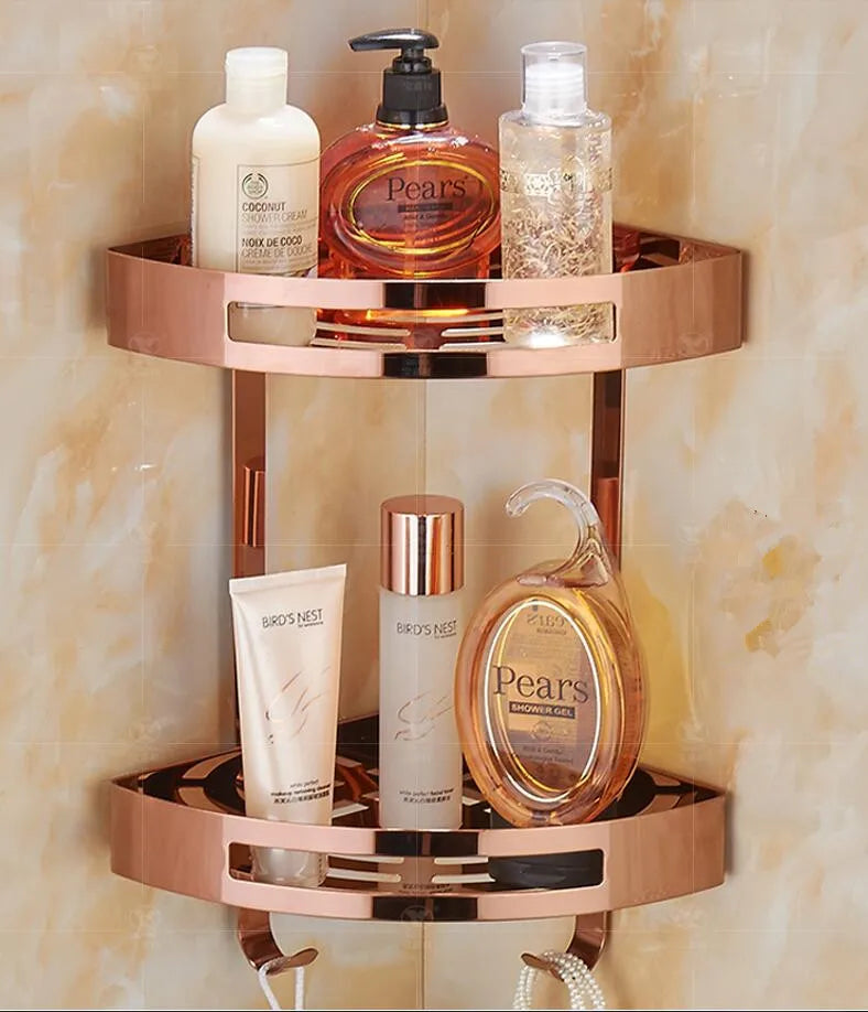 Afralia™ Gold Stainless Steel Bathroom Corner Shelf – Rose Gold Shower Caddy
