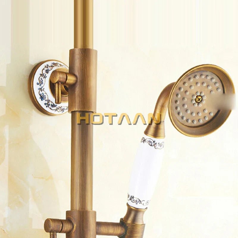 Afralia™ Antique Brass Rainfall Shower Faucet Set with Hand Shower