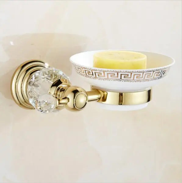 Afralia™ Brass & Crystal Bathroom Set: Towel Rack, Towel Bar, Paper Holder, Soap Dish