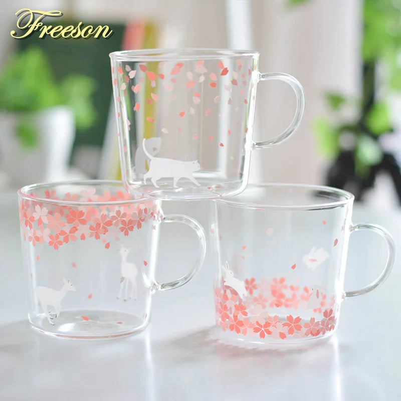 Afralia™ Sakura Glass Coffee Mug Cat Deer Rabbit Tea Cup Maid Drinkware