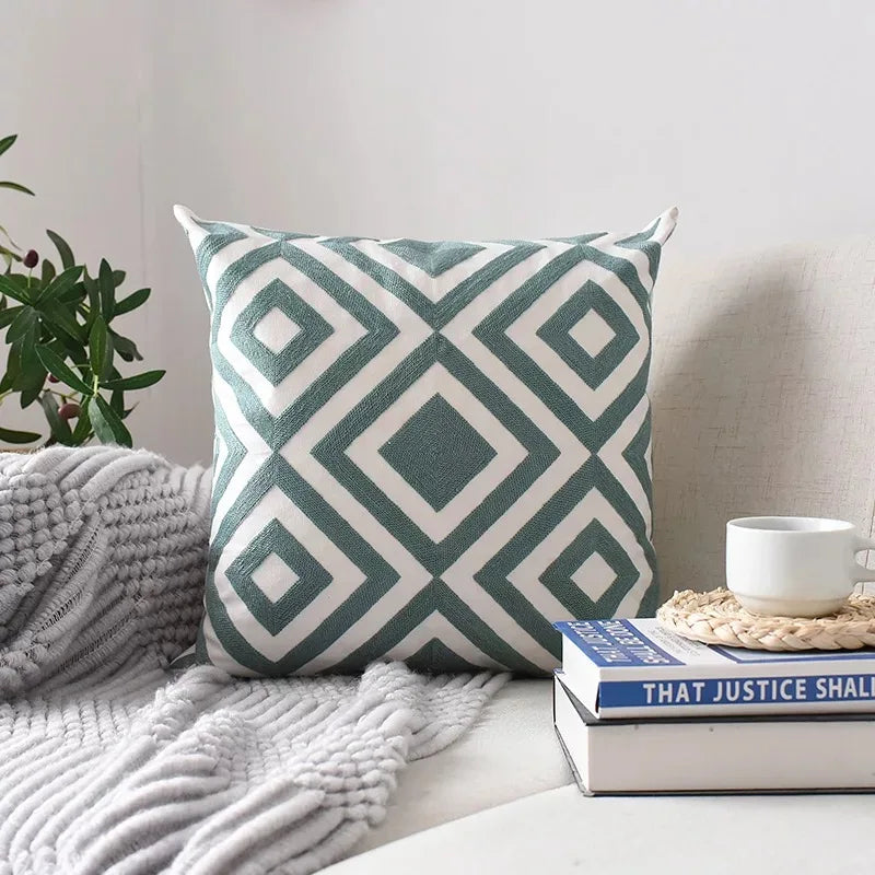 Afralia™ Geometric Embroidered Cushion Cover Grey Black Blue Square Pillow 45x45cm