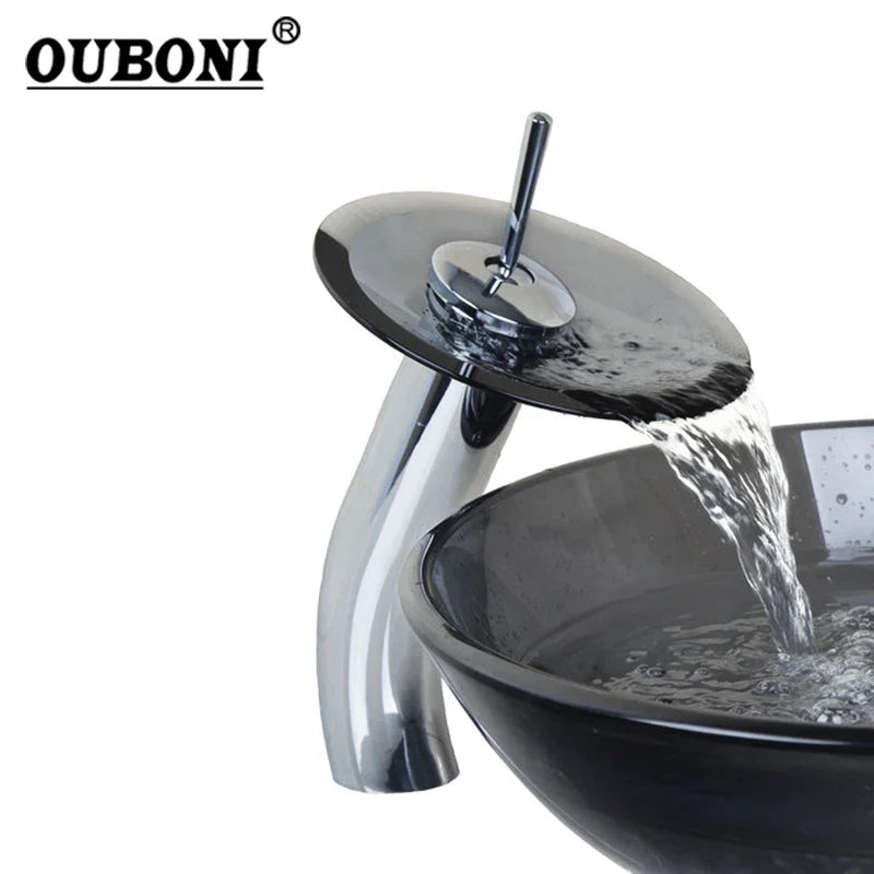 Afralia™ Black Glass Waterfall Bathroom Sink Tap Mixer Faucet