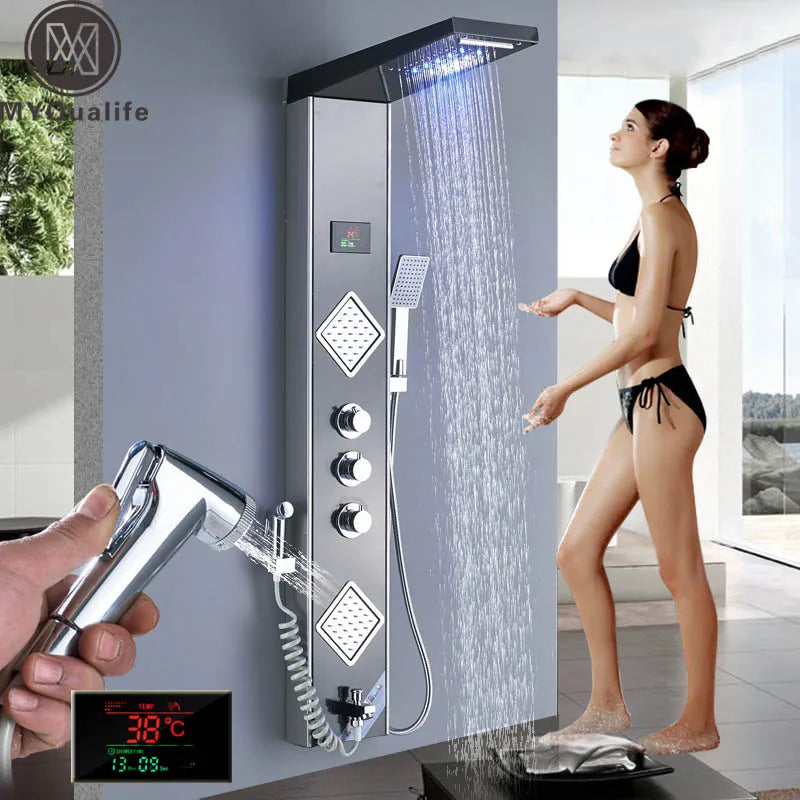Afralia™ Black LED Shower Panel Tower with Digital Screen and Thermostatic Mixer