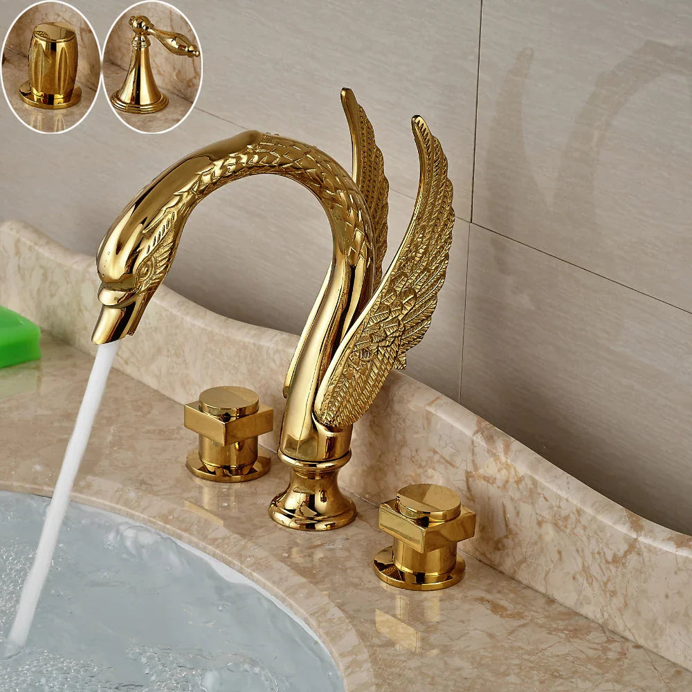 Afralia™ Swan Dual Handle Gold Basin Faucet | Widespread Bathroom Mixer Tap