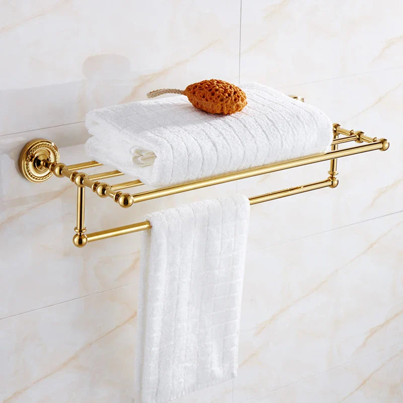 Afralia™ Brass Gold Bathroom Hardware Set: Towel Rack, Paper Holder, Toilet Brush, Hooks, Towel Ring