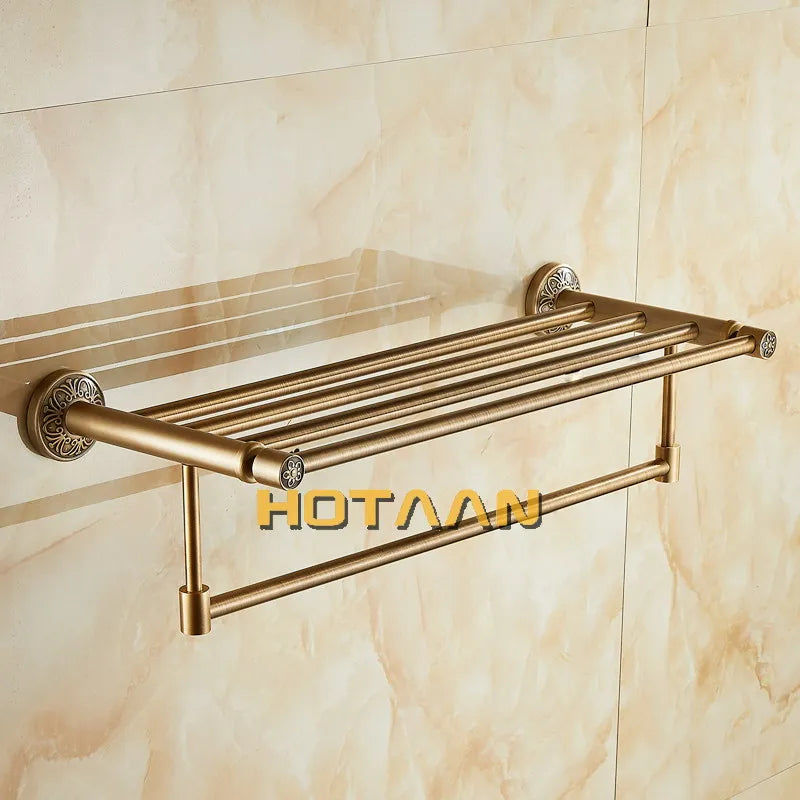 Afralia™ Brass Bath Towel Rack Square Double Towel Shelf Bathroom Accessories
