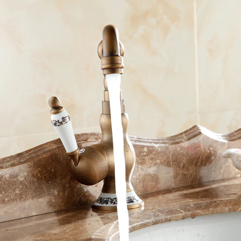 Afralia™ Antique Brass Bathroom Sink Faucet Single Handle Swivel Spout Hot Cold Mixer