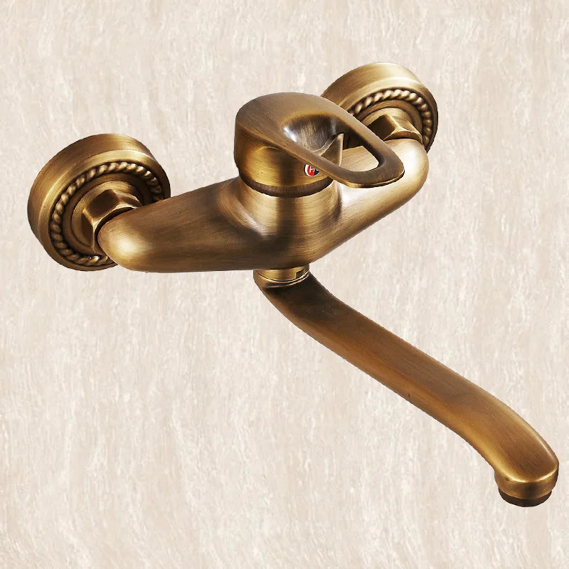 Afralia™ Antique Brass Bathroom Basin Faucet Long Spout Dual Handle Wall Mount