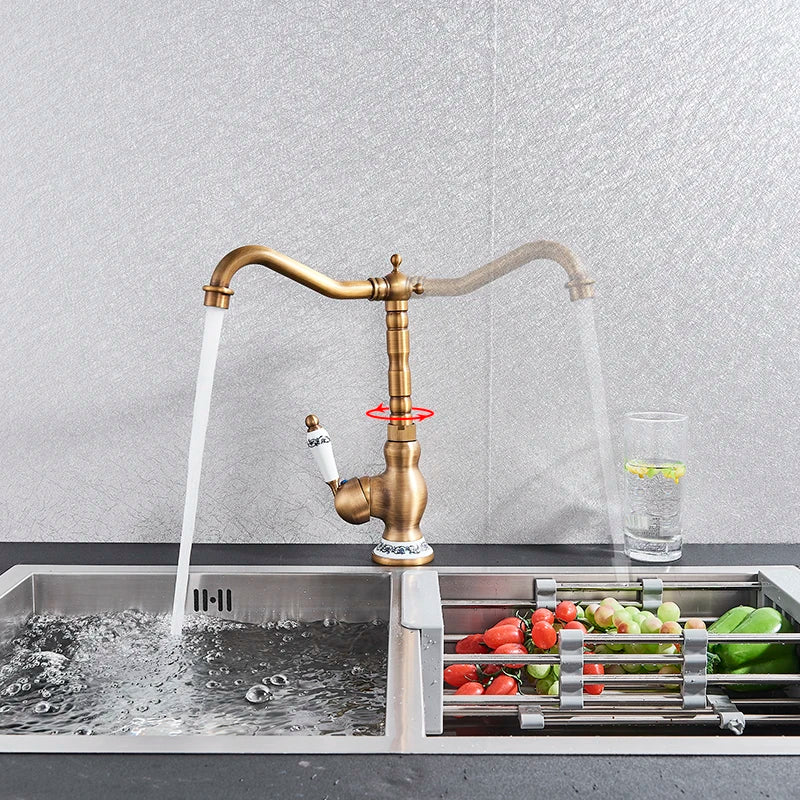 Afralia™ Antique Brass Single Handle Kitchen Sink Faucet Hot & Cold Water Mixer