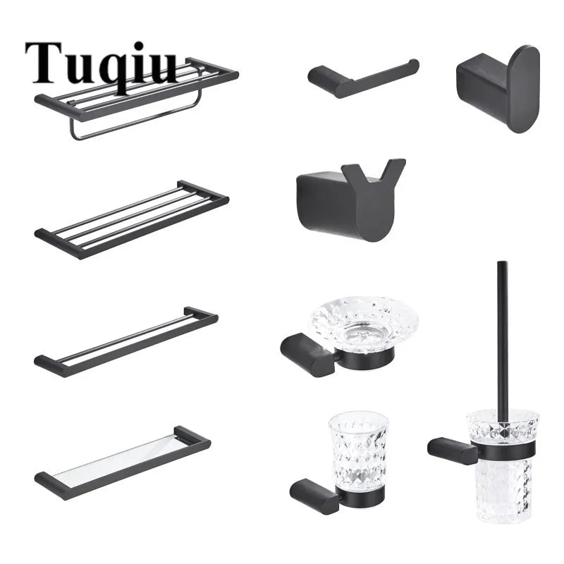 Afralia™ Matt Black Bathroom Accessories Set: Towel Rack, Corner Shelf, Paper Holder, Toilet Brush Holder.