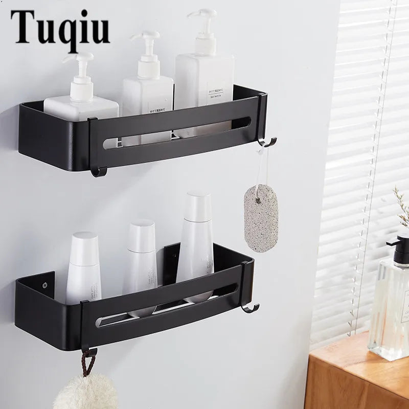 Afralia™ Black Aluminum Wall Mounted Bathroom Corner Shelf for Bath and Kitchen Storage