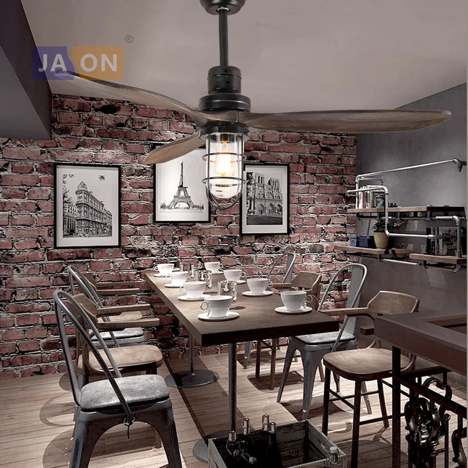 Afralia™ Edison Loft Iron Glass Wood Ceiling Fan with LED Light for Foyer Bedroom