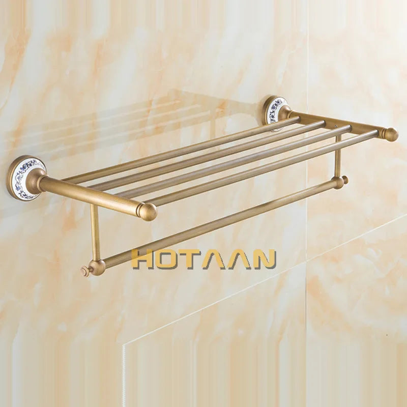 Afralia™ Brass Bathroom Towel Rack, Antique Brass Towel Holder, 60cm Corner Bath Shelf