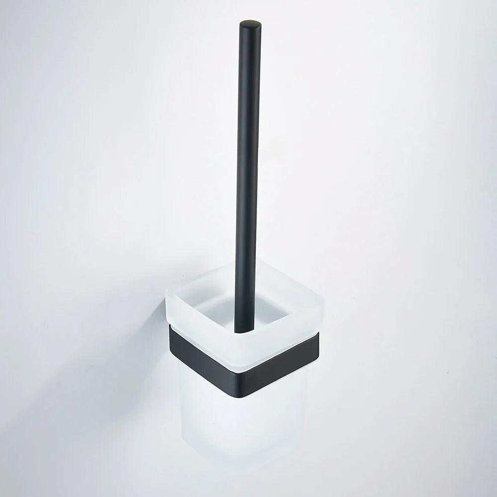 Afralia™ Stainless Steel Toilet Brush Holder with Square Glass Cups, Bathroom Hardware Square Style