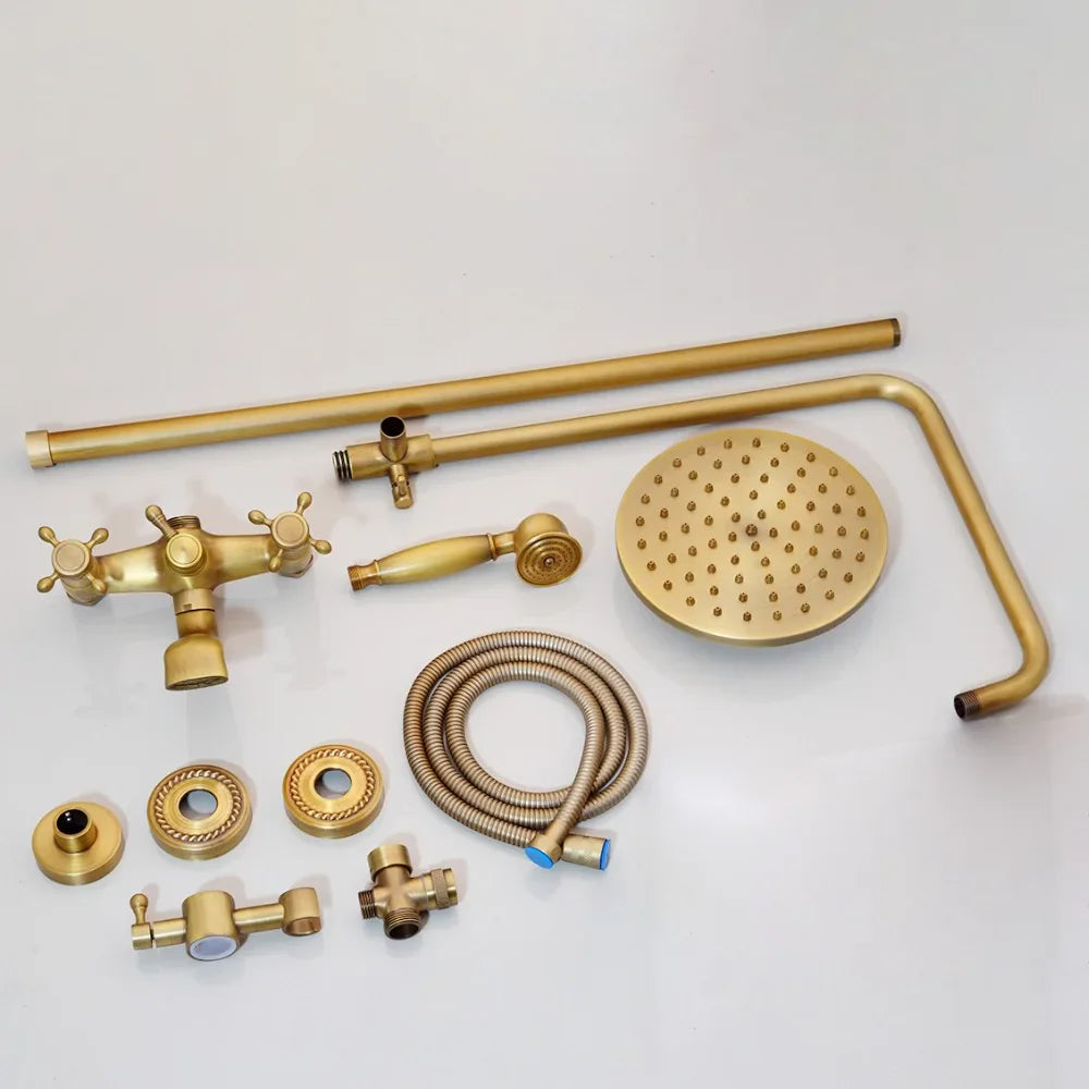 Afralia™ Antique Brass Bathroom Shower Set with Hand Shower, Mixer Taps, Double Handles
