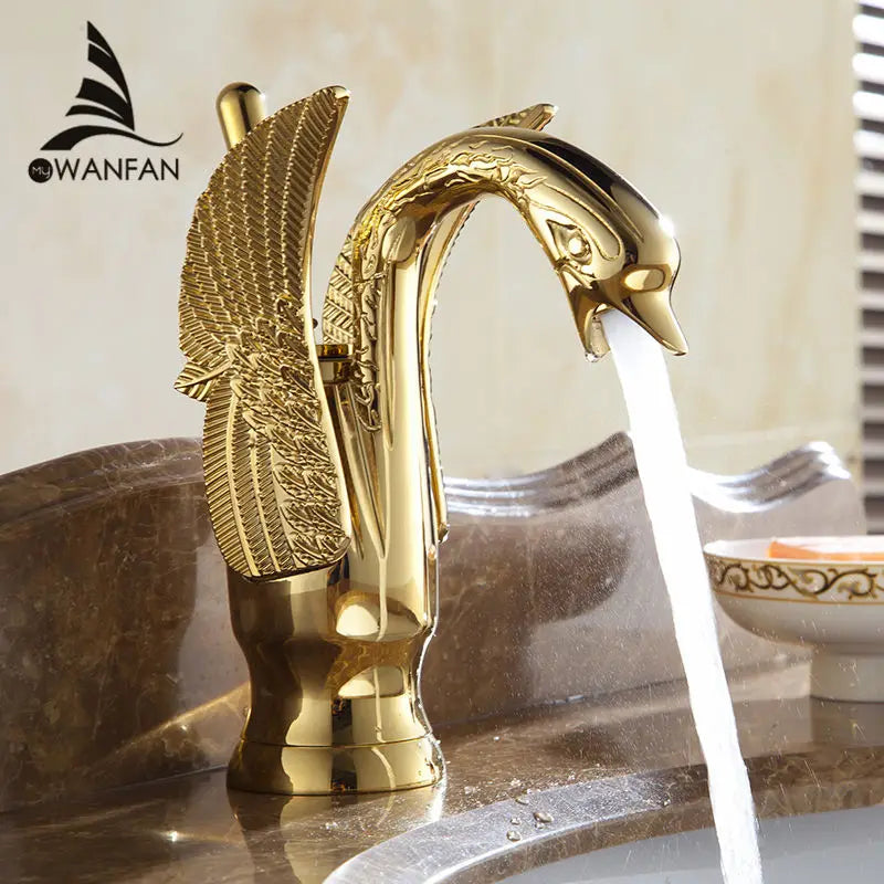 Afralia™ Swan Gold and White Basin Faucet: Luxury Copper Mixer Taps (Hot/Cold)