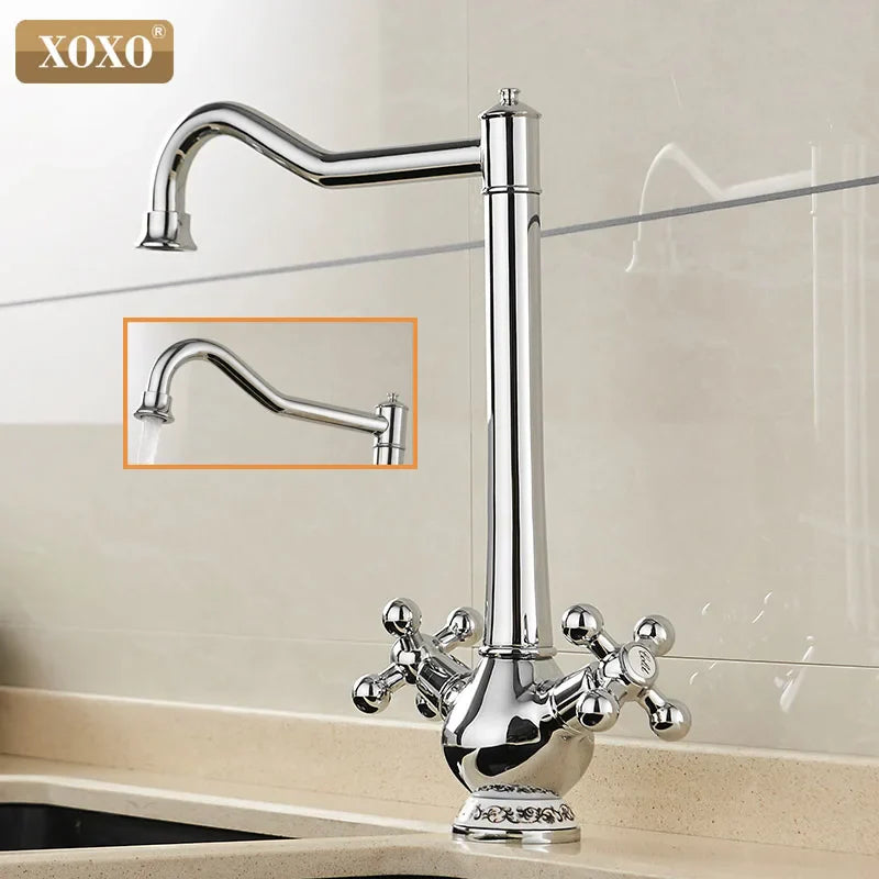Afralia™ Chrome Double Cross Handle Kitchen Faucet with Swivel Spout