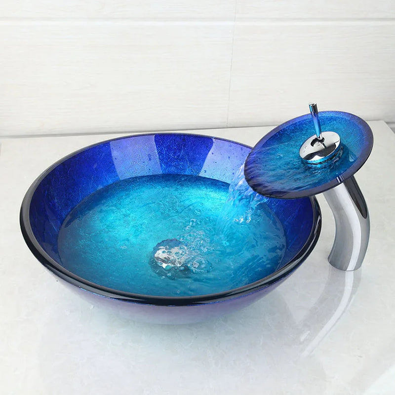 Afralia™ Blue Chrome Tall Basin Tap with Hand-Painted Glass Waterfall Sink Set