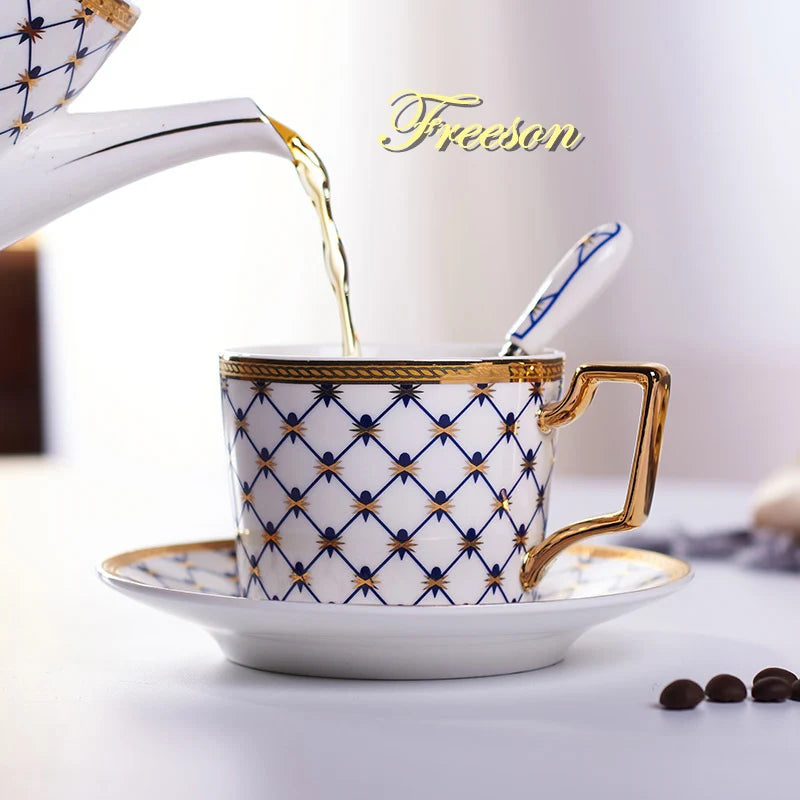 Afralia™ 3-Piece Bone China Coffee Set 200ml Nordic Gold Porcelain Tea Cup