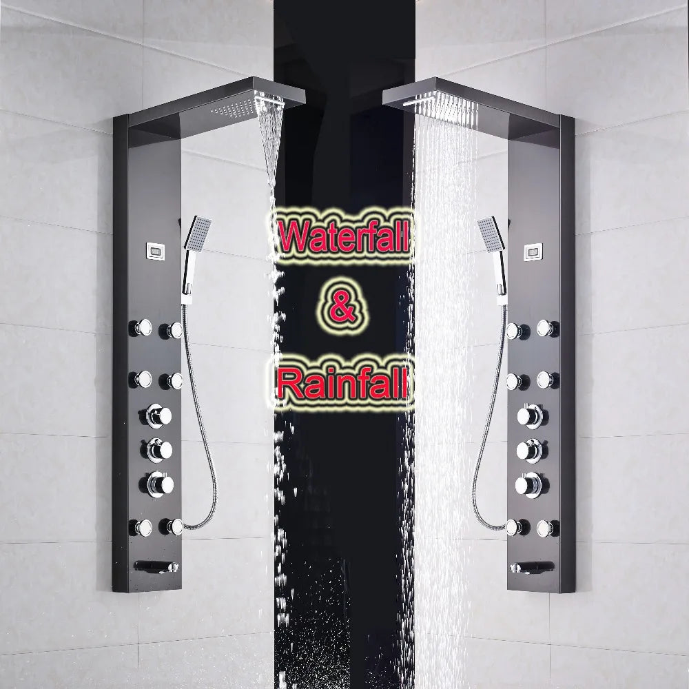 Afralia™ Black Massage Jets Rain Shower Column Thermostatic Mixer Shower Panel