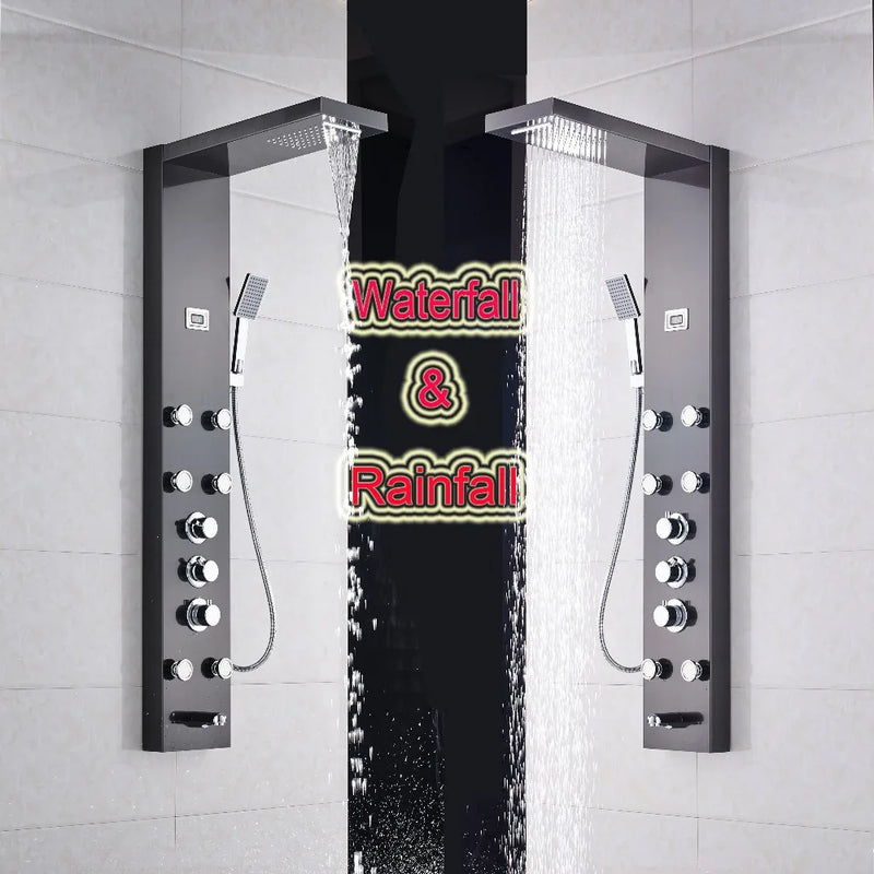 Afralia™ Black Massage Jets Rain Shower Column Thermostatic Mixer Shower Panel