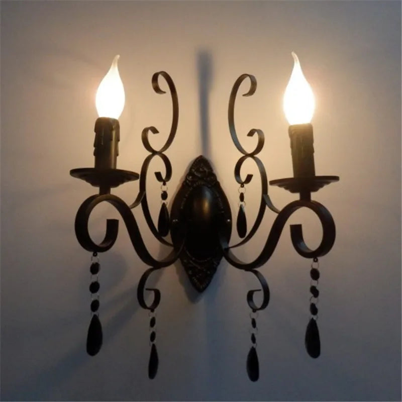 Afralia™ Black Wrought Iron Crystal Candle Wall Lamp