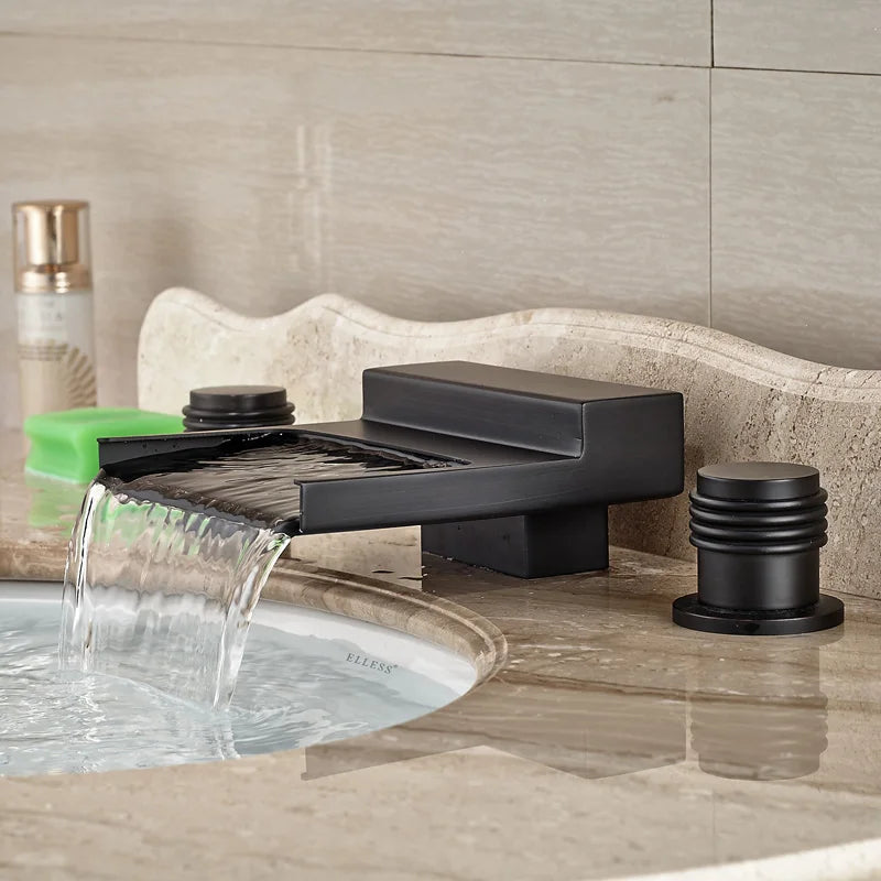 Afralia™ Black Wide Waterfall Spout Faucet Double Handle Bathroom Mixer Taps