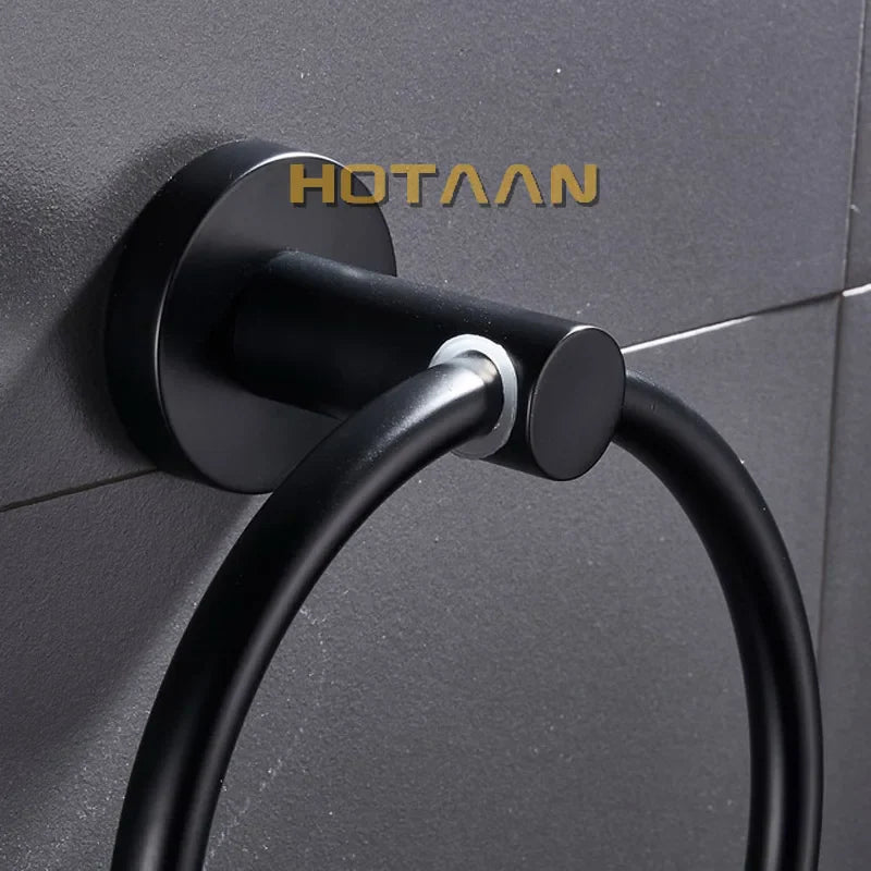 Afralia™ Matte Black Stainless Steel Wall-Mounted Towel Holder with Round Towel Rings