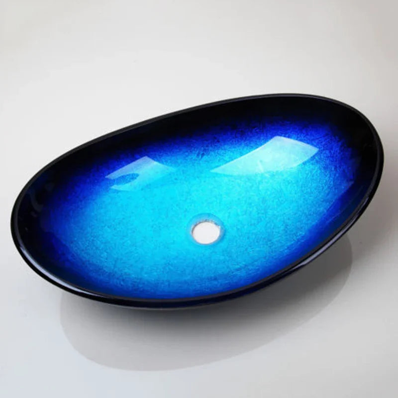 Afralia™ Oval Tempered Glass Vessel Sink in Blue & Yellow Color Combination