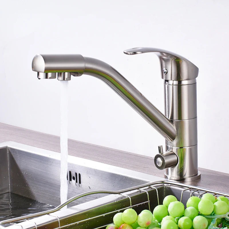 Afralia™ Brushed Nickel Kitchen Sink Faucet with Water Purification: 360° Rotation Deck Mounted Mixer Tap