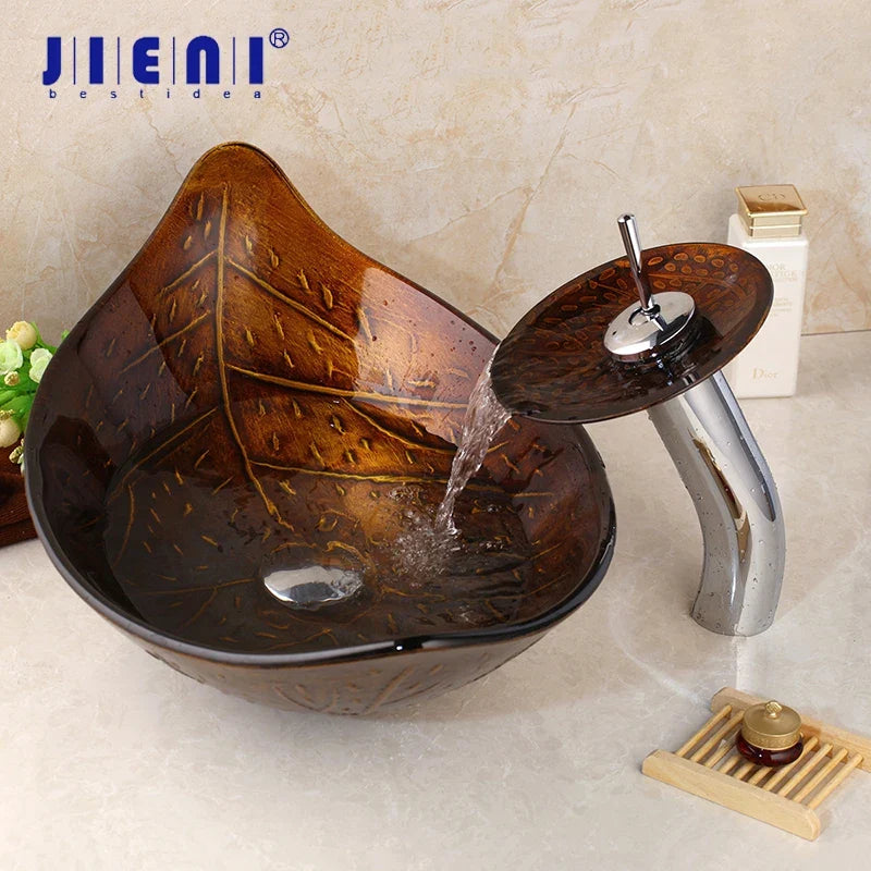 Afralia™ Golden Leaf Vessel Glass Sink Set with Chrome Faucet