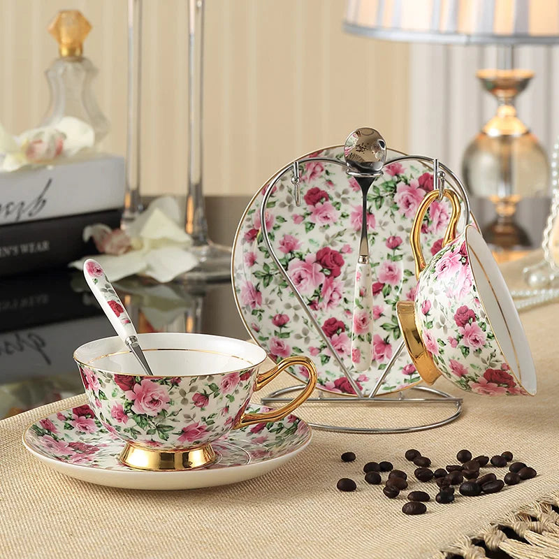 Afralia™ Romantic Flower Bone China Tea Cup Saucer Spoon Set 200ml