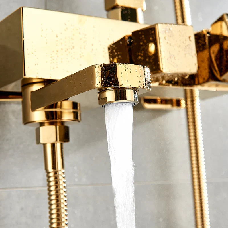 Afralia™ Luxury Gold Brass Wall Mount Shower Faucet Set with Rainfall Head