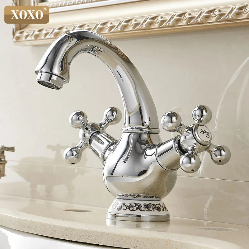 Afralia™ Double Handle Chrome Basin Faucet with Ceramic Decoration
