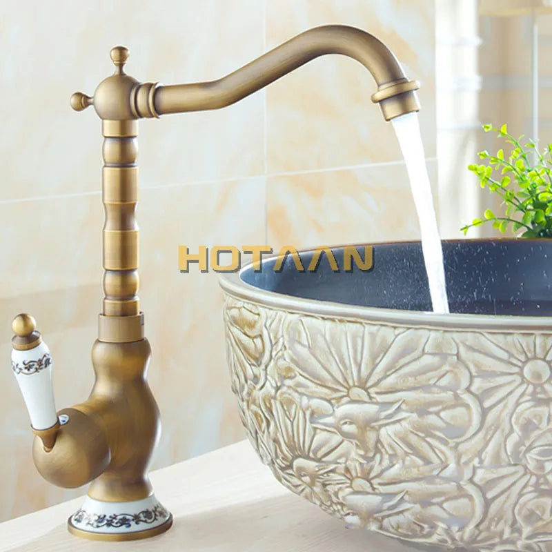 Afralia™ Antique Brass Bathroom Sink Faucet, Single Handle Deck Mounted Basin Mixer