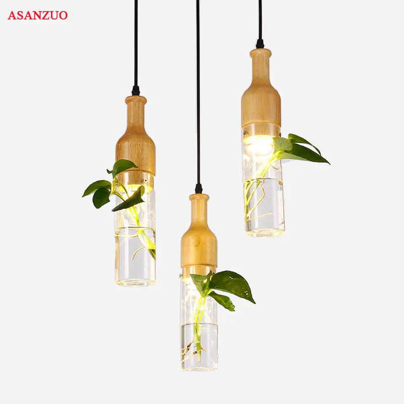 Afralia™ Modern Wood Glass Bottle Plant Pendant Light Industrial Decor E27 LED Lamp Fixture