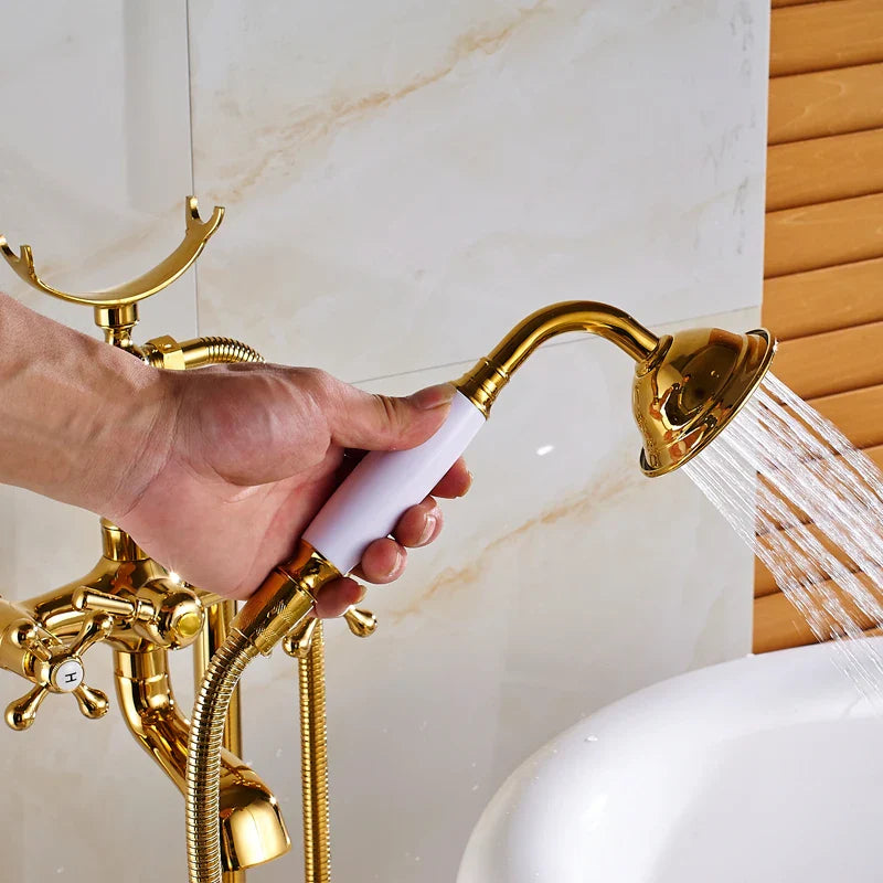 Afralia™ Gold Tub Sink Faucet with Handshower - Freestanding Bath Mixer Tap