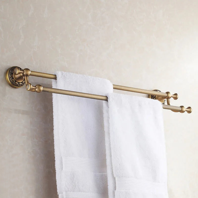 Afralia™ Antique Brass Double Towel Bar Bathroom Shelf Holder Towel Rack