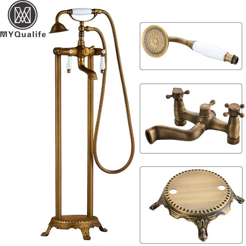 Afralia™ Dual Ceramic Handle Freestanding Tub Faucet with Handshower
