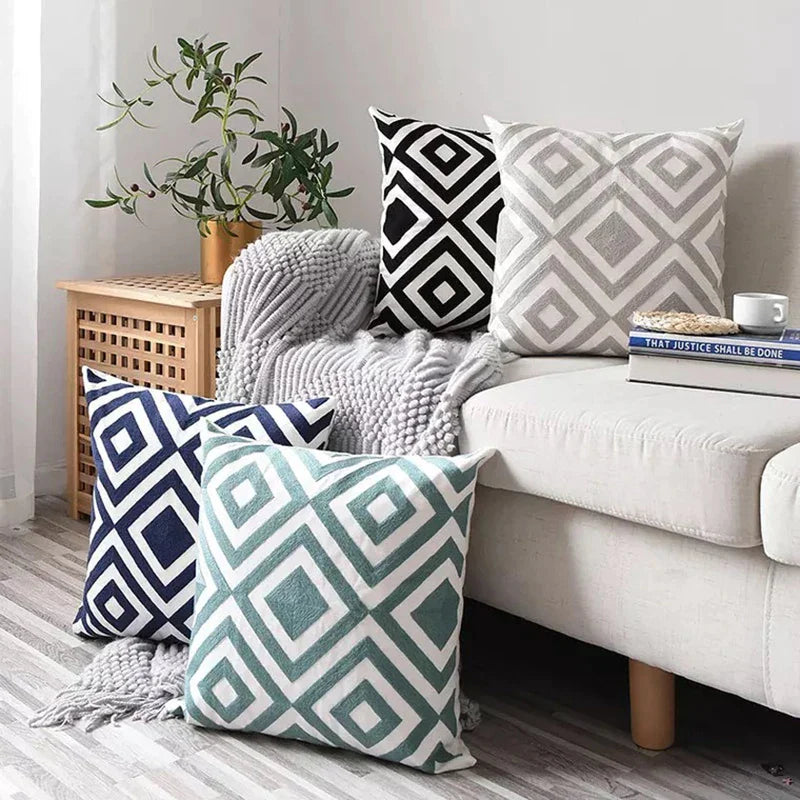 Afralia™ Geometric Embroidered Cushion Cover Grey Black Blue Square Pillow 45x45cm