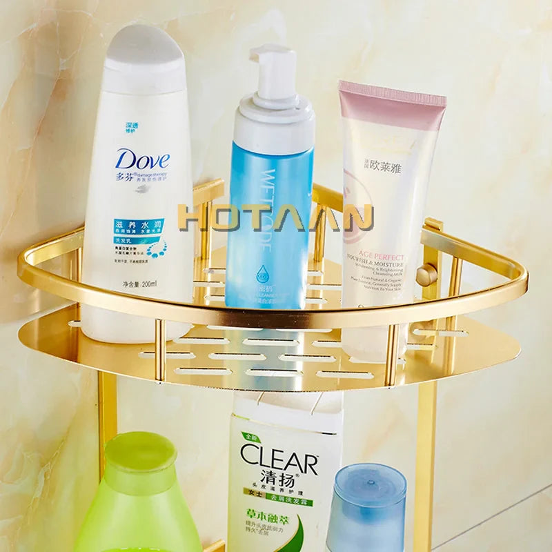 Afralia™ Gold Aluminum Shower Shelf Basket Double Layer Holder Fashion YT-7026